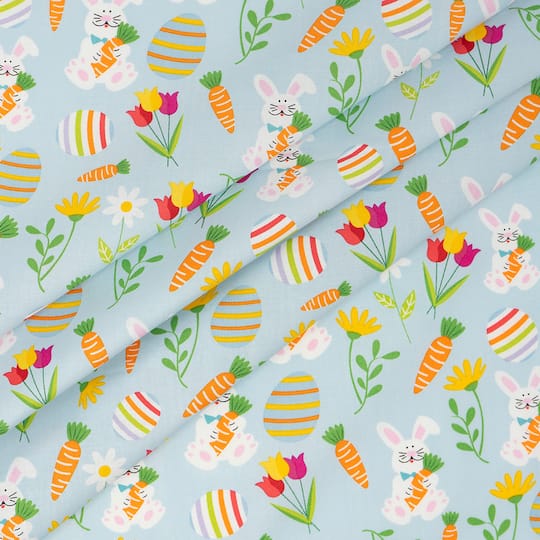 SINGER Bunnies & Carrots on Blue Cotton Fabric